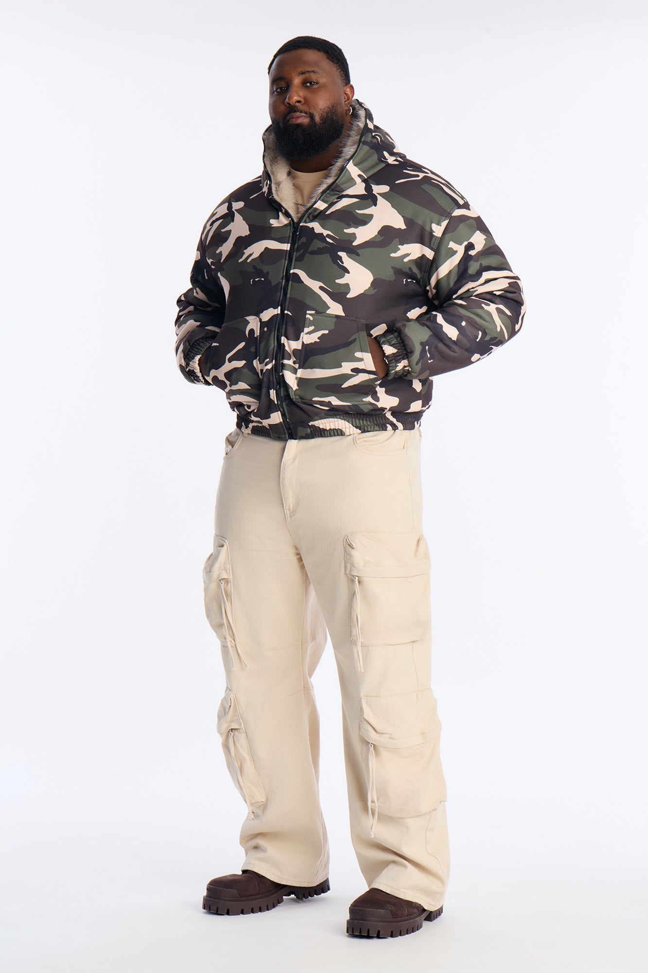 Faux Fur Hooded Zip Up Hoodie - Camouflage