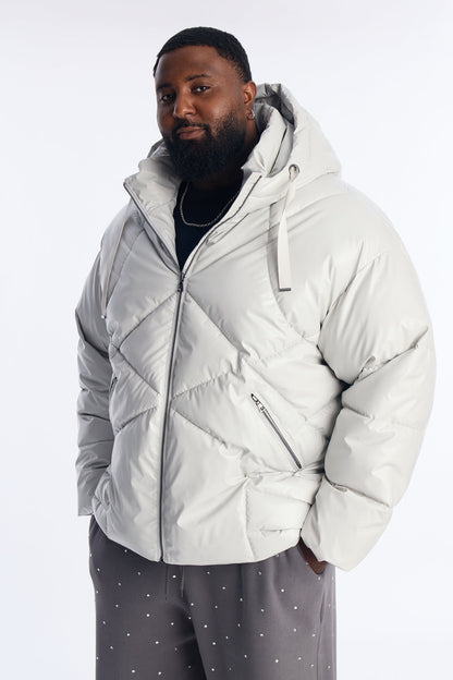 Oversized High Low Hooded Puffer Jacket - Grey