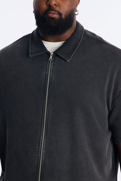 Heavy Wash Oversized Full Zip Polo - Black