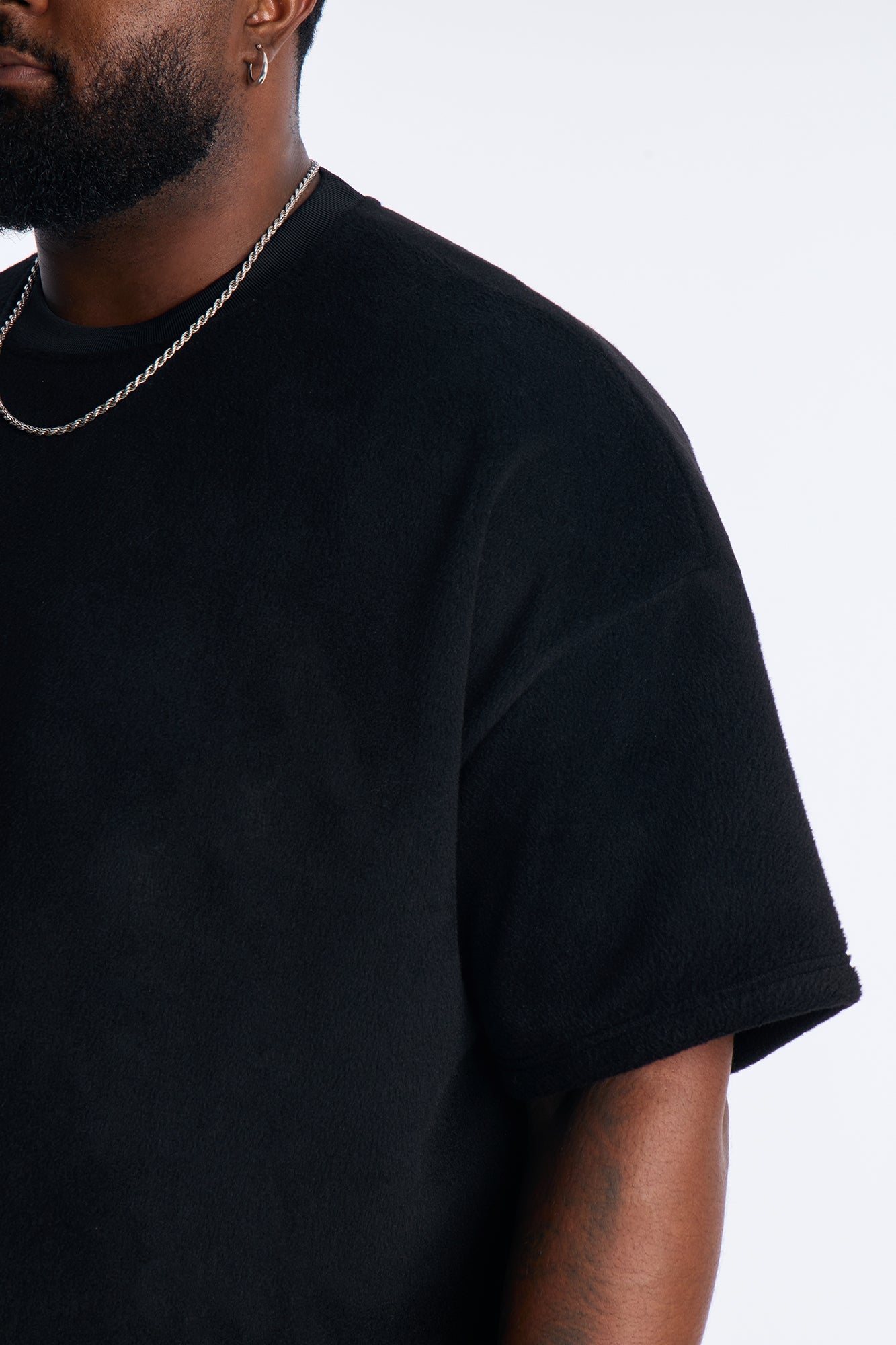 Fuzzy Textured Premium Short Sleeve Sweatshirt - Black