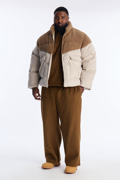 Textured Faux Fur Paneled Puffer Jacket - Beige