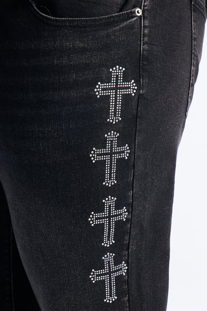 Stacked Skinny Flare Crosses Lined Down Jeweled Jean - Black Wash