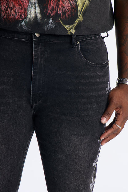 Stacked Skinny Flare Crosses Lined Down Jeweled Jean - Black Wash