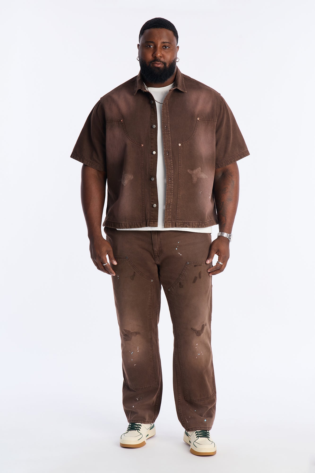 Straight Splatter Paint Distressed Carpenter Work Pant - Brown