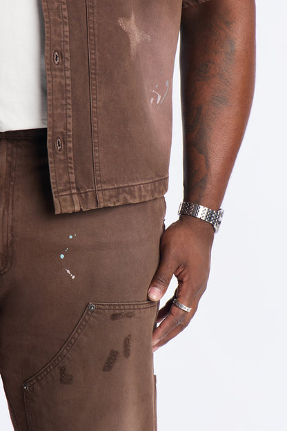 Straight Splatter Paint Distressed Carpenter Work Pant - Brown