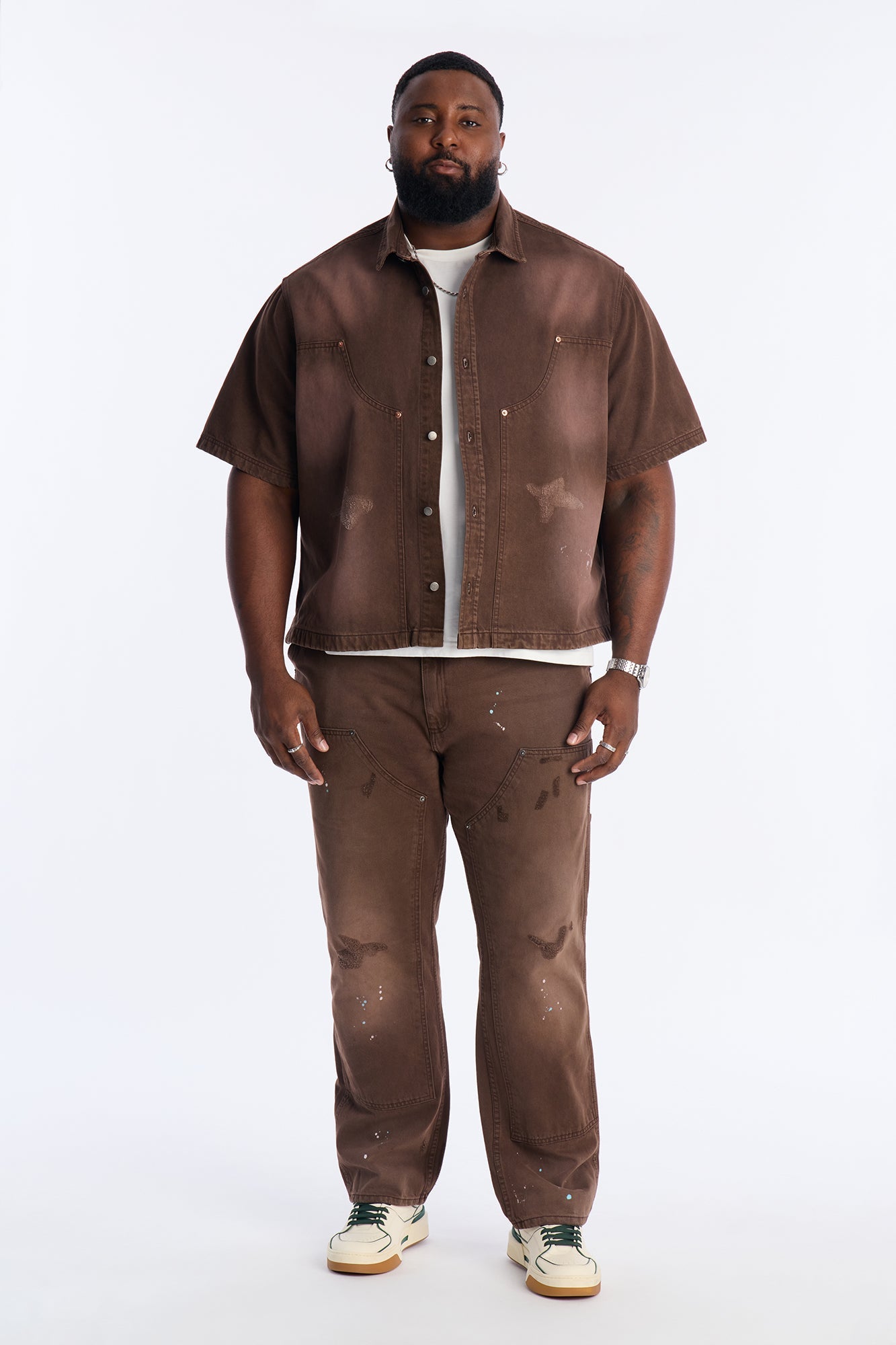 Cropped Splatter Paint Distressed Carpenter Work Shirt - Brown
