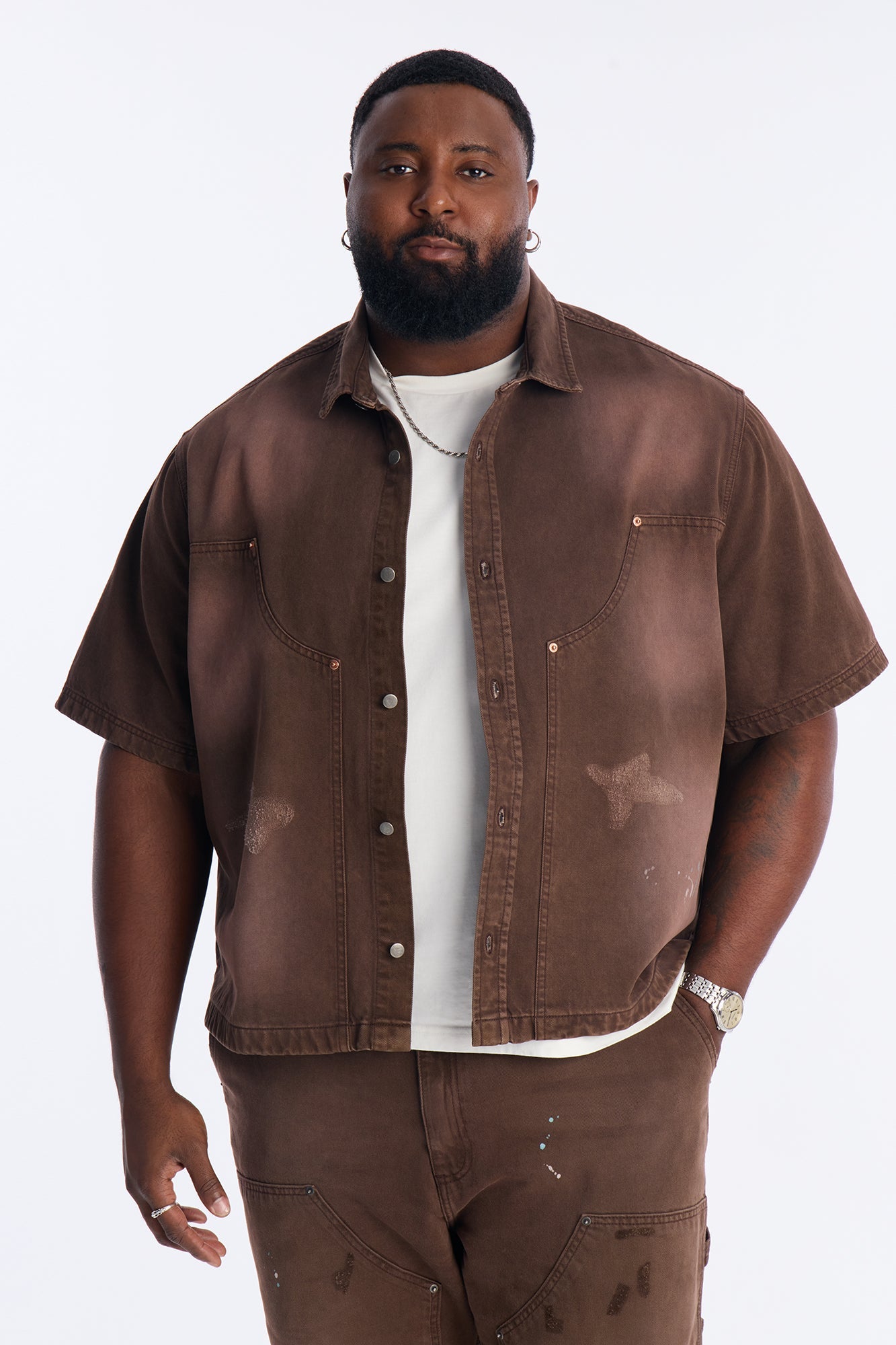 Cropped Splatter Paint Distressed Carpenter Work Shirt - Brown