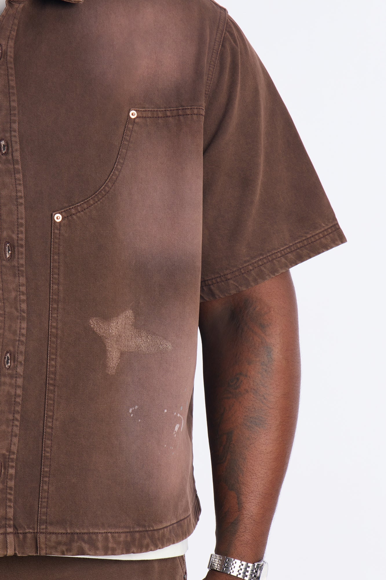 Cropped Splatter Paint Distressed Carpenter Work Shirt - Brown