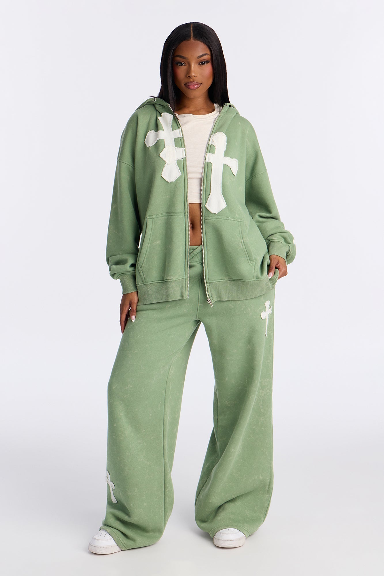 Double The Intentions Washed Fleece Hoodie - Sage