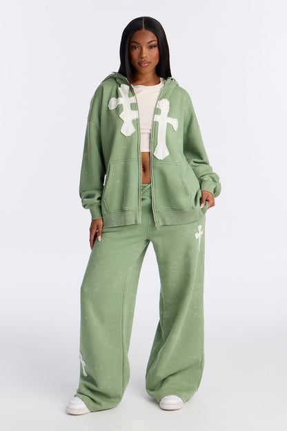 Double The Intentions Washed Fleece Hoodie - Sage