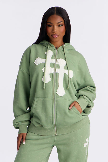 Double The Intentions Washed Fleece Hoodie - Sage