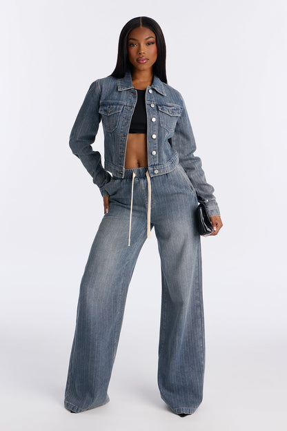 Want No Smoke Pull On Tie Waist Jeans - Vintage Wash