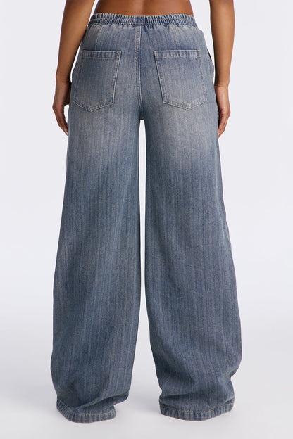 Want No Smoke Pull On Tie Waist Jeans - Vintage Wash