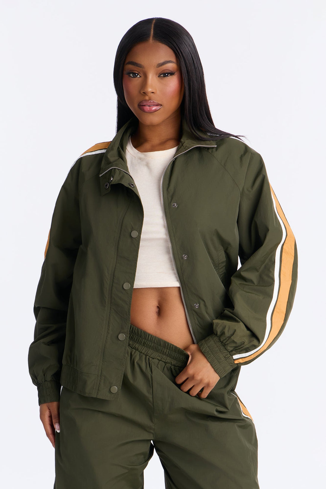 Mila Nylon Jacket And Wide Leg Track Set - Olive/combo