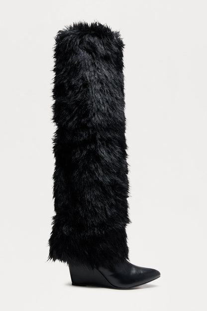 Cincinnati Faux Fur Thigh High Boots - Black