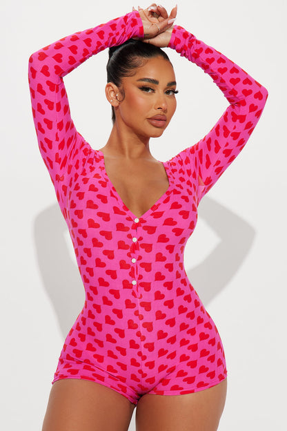 You Have My Heart Long Sleeve PJ Romper Onesie - Hot Pink/combo