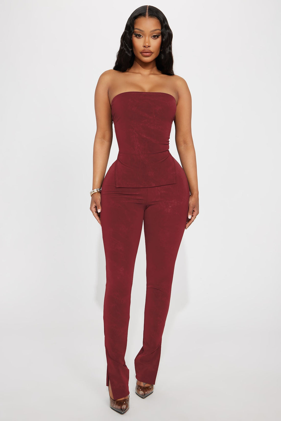Anna Faux Leather Pant Set - Red