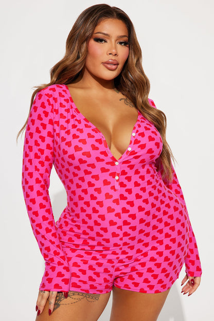 You Have My Heart Long Sleeve PJ Romper Onesie - Hot Pink/combo