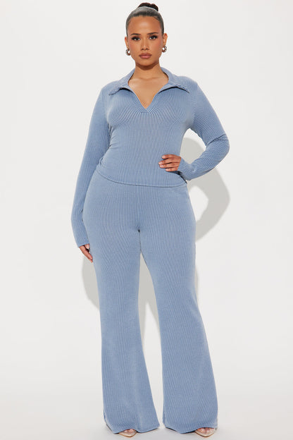 Josie Ribbed Long Sleeve Set - Dusty Blue