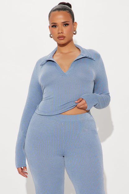 Josie Ribbed Long Sleeve Set - Dusty Blue