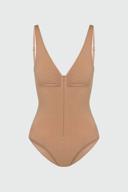 Nova Sculpt Seamless Strong Compression Zip Front Brief Bodysuit - Nude
