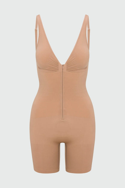 Nova Sculpt Seamless Strong Compression Zip Front Thigh Shaping Bodysuit - Nude