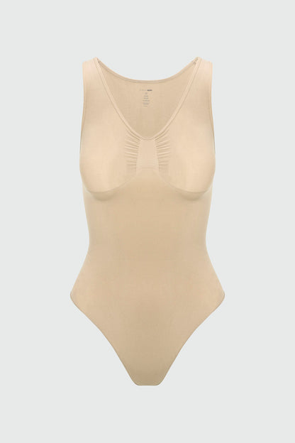 Nova Sculpt Seamless Strong Compression Scoop Neck Thong Bodysuit - Sand