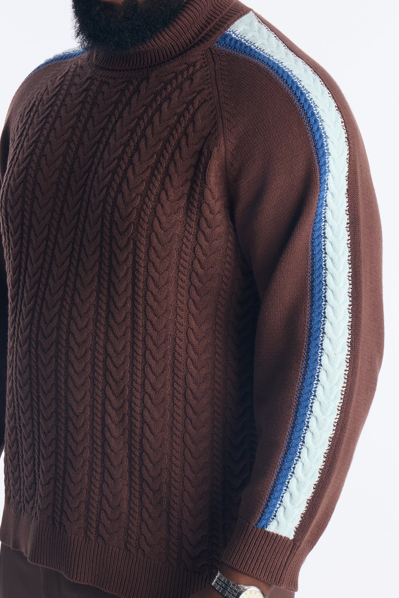 Cable Knit Turtle Neck Contrast Sweater - Chocolate