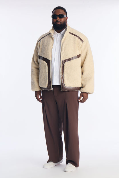 Oversized Sherpa Faux Leather Paneled Jacket - Cream