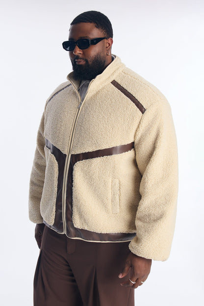 Oversized Sherpa Faux Leather Paneled Jacket - Cream