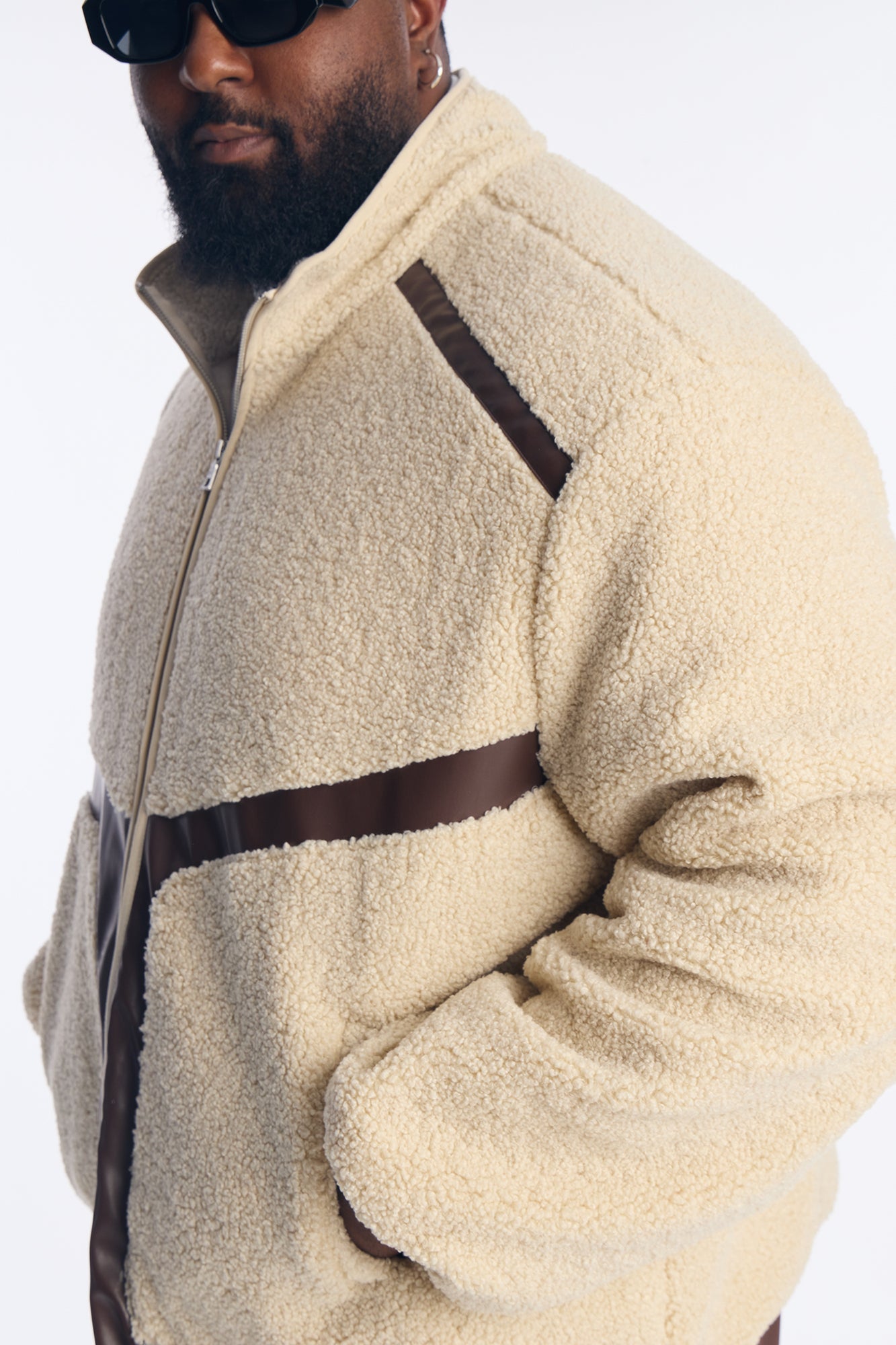 Oversized Sherpa Faux Leather Paneled Jacket - Cream