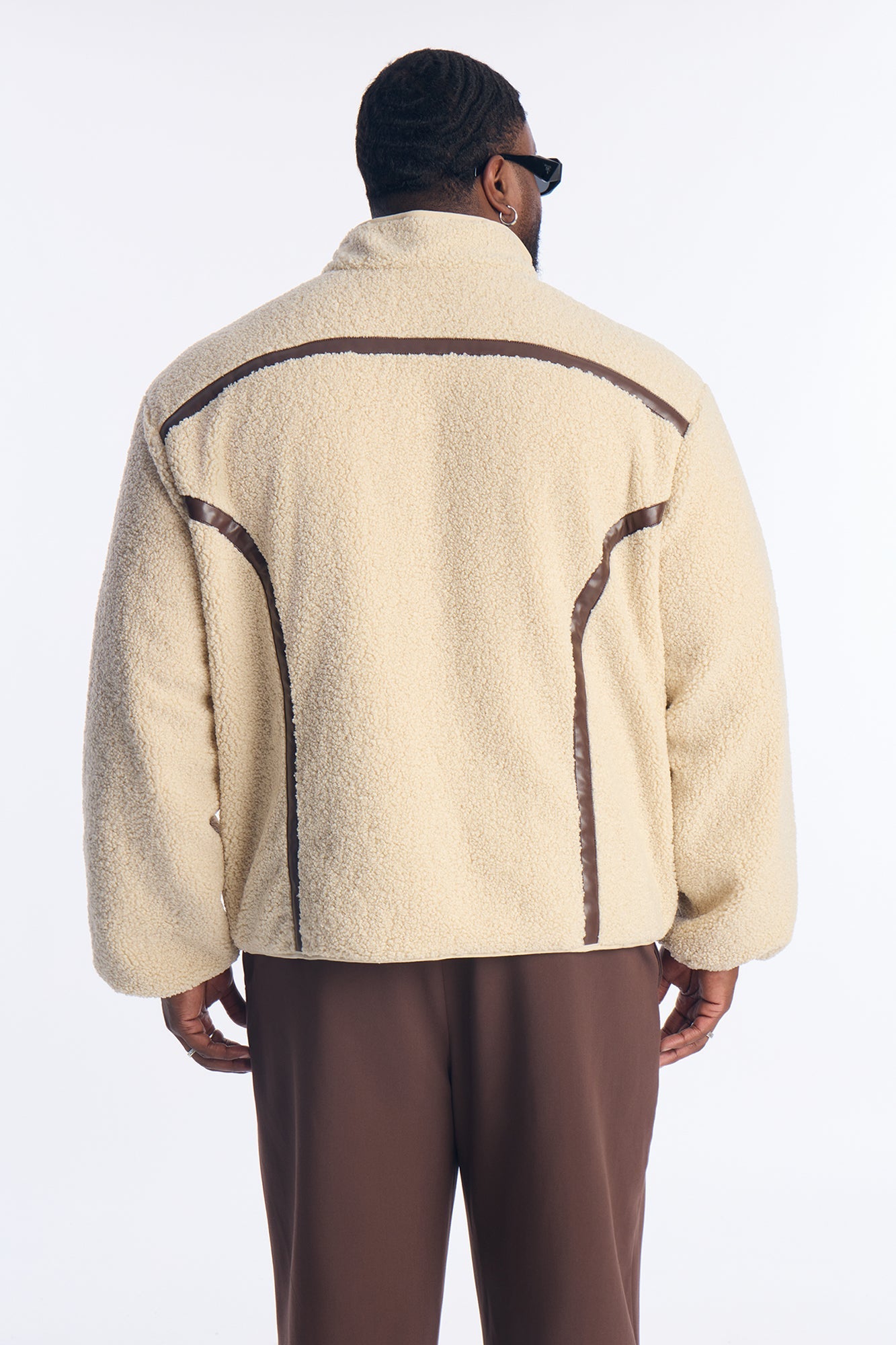Oversized Sherpa Faux Leather Paneled Jacket - Cream