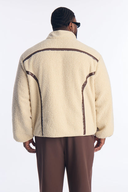 Oversized Sherpa Faux Leather Paneled Jacket - Cream