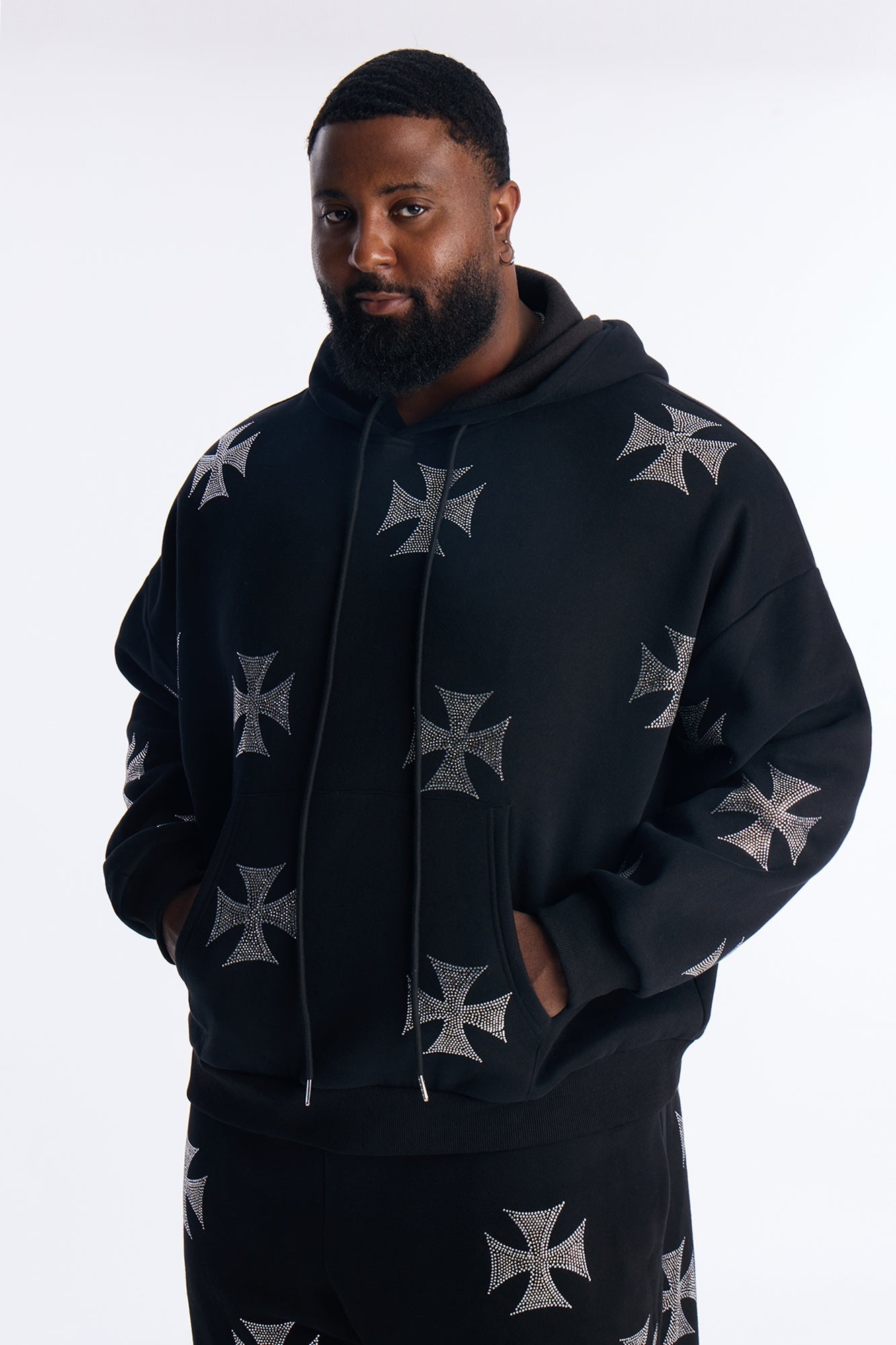 Crossed Out Rhinestone Oversized Hoodie - Black