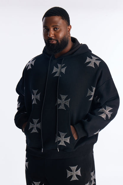 Crossed Out Rhinestone Oversized Hoodie - Black