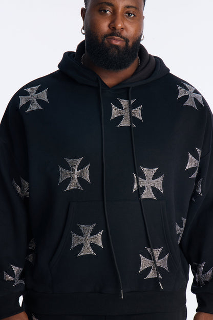 Crossed Out Rhinestone Oversized Hoodie - Black