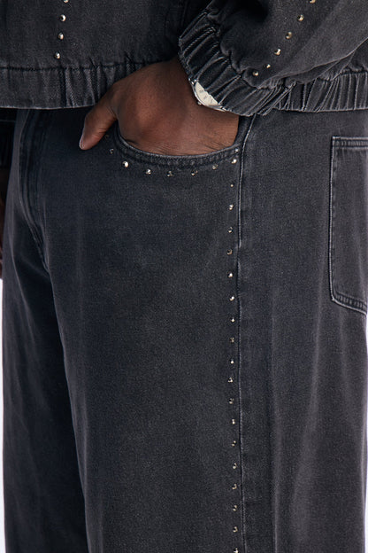 Baggy Lined Up Jewels Denim Short - Black Wash
