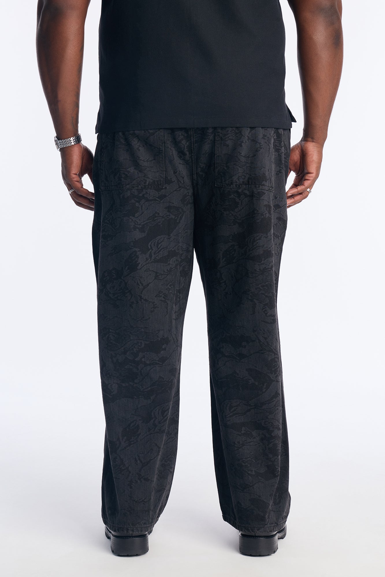 Baggy Floral Print Jean - Black Wash