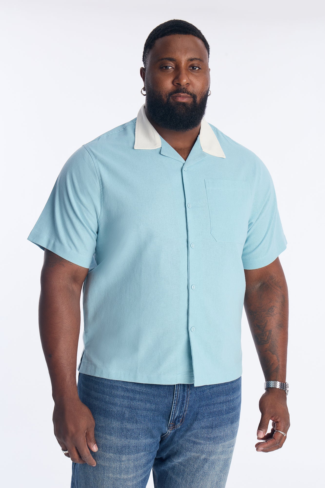 Panel Trim Button Up Shirt - Blue