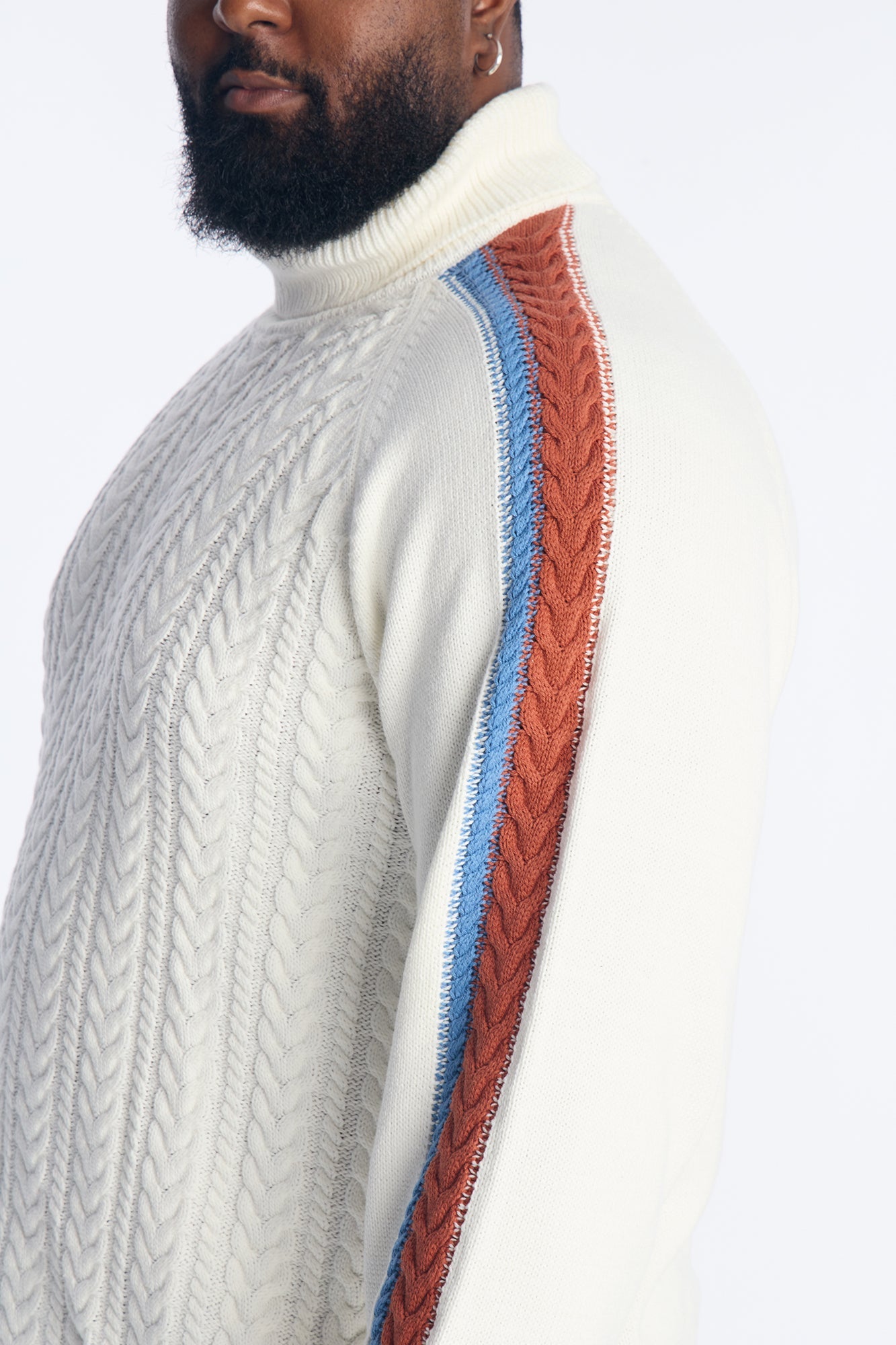 Cable Knit Turtle Neck Contrast Sweater - Cream