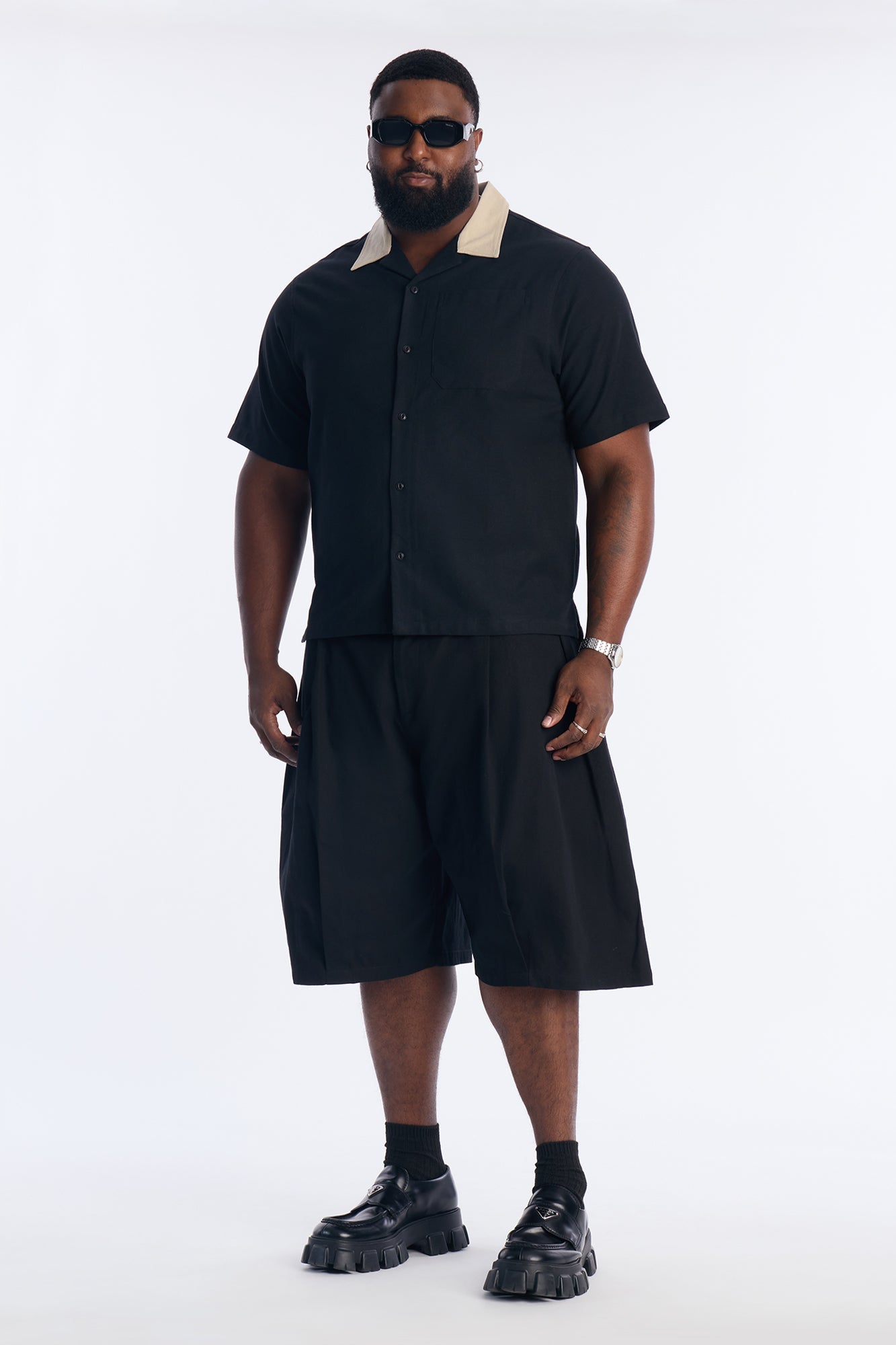 Panel Trim Button Up Shirt - Black