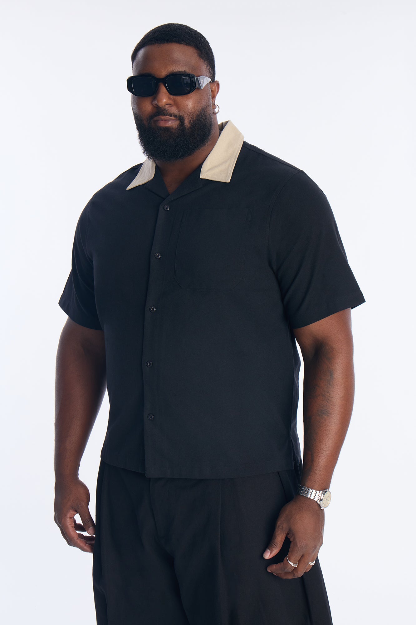 Panel Trim Button Up Shirt - Black