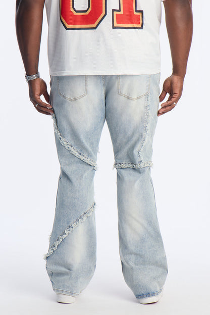 Stacked Skinny Flare Frayed Lines Jean - Light Blue Wash