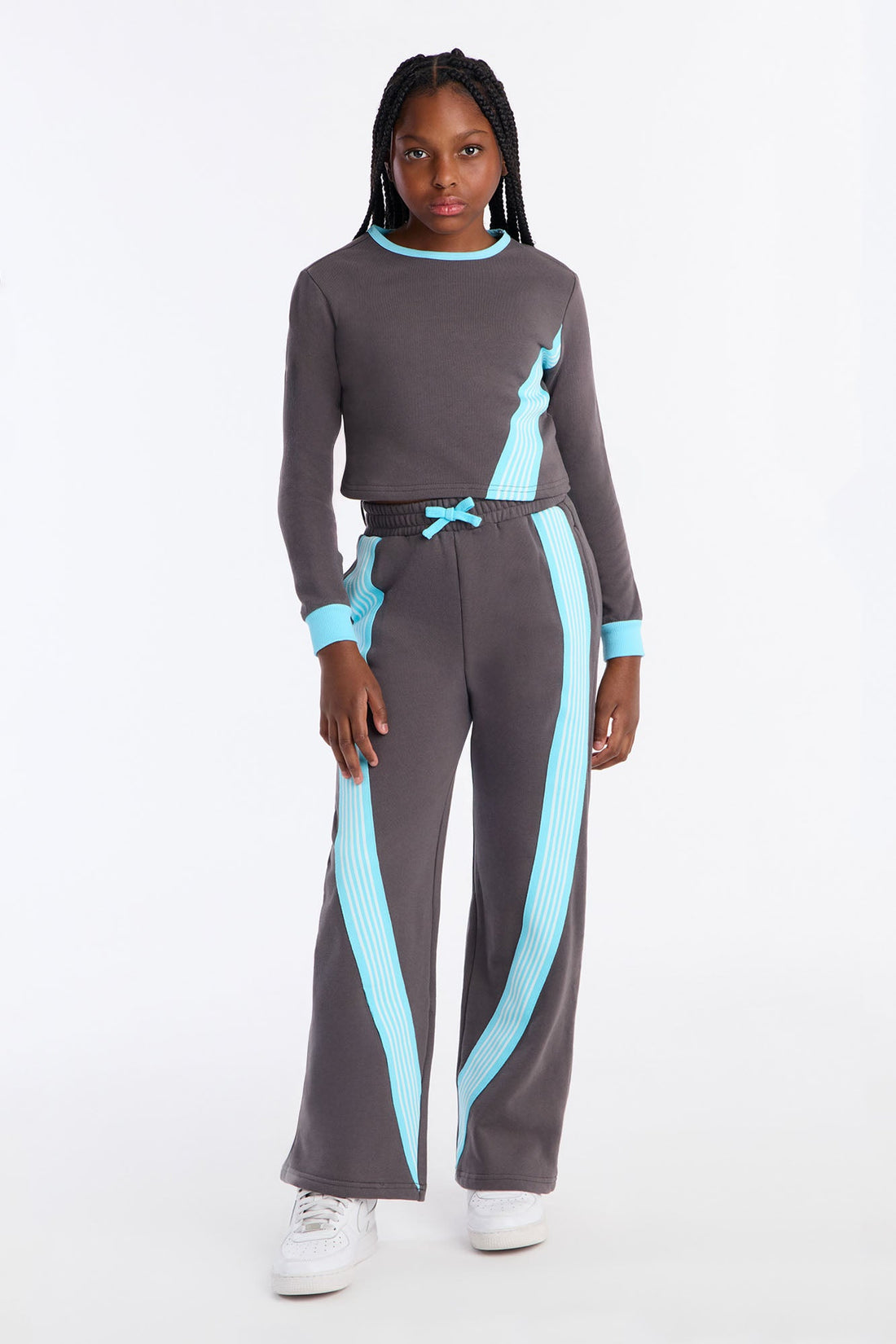 Mini Long Sleeve Varsity Babe Pant Set - Charcoal