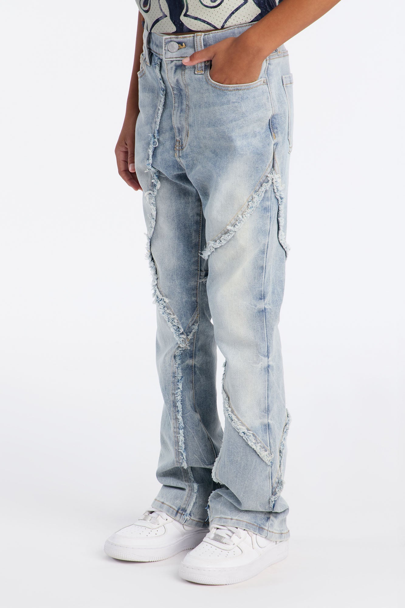 Mini Stacked Skinny Flare Frayed Lines Jean - Light Blue Wash