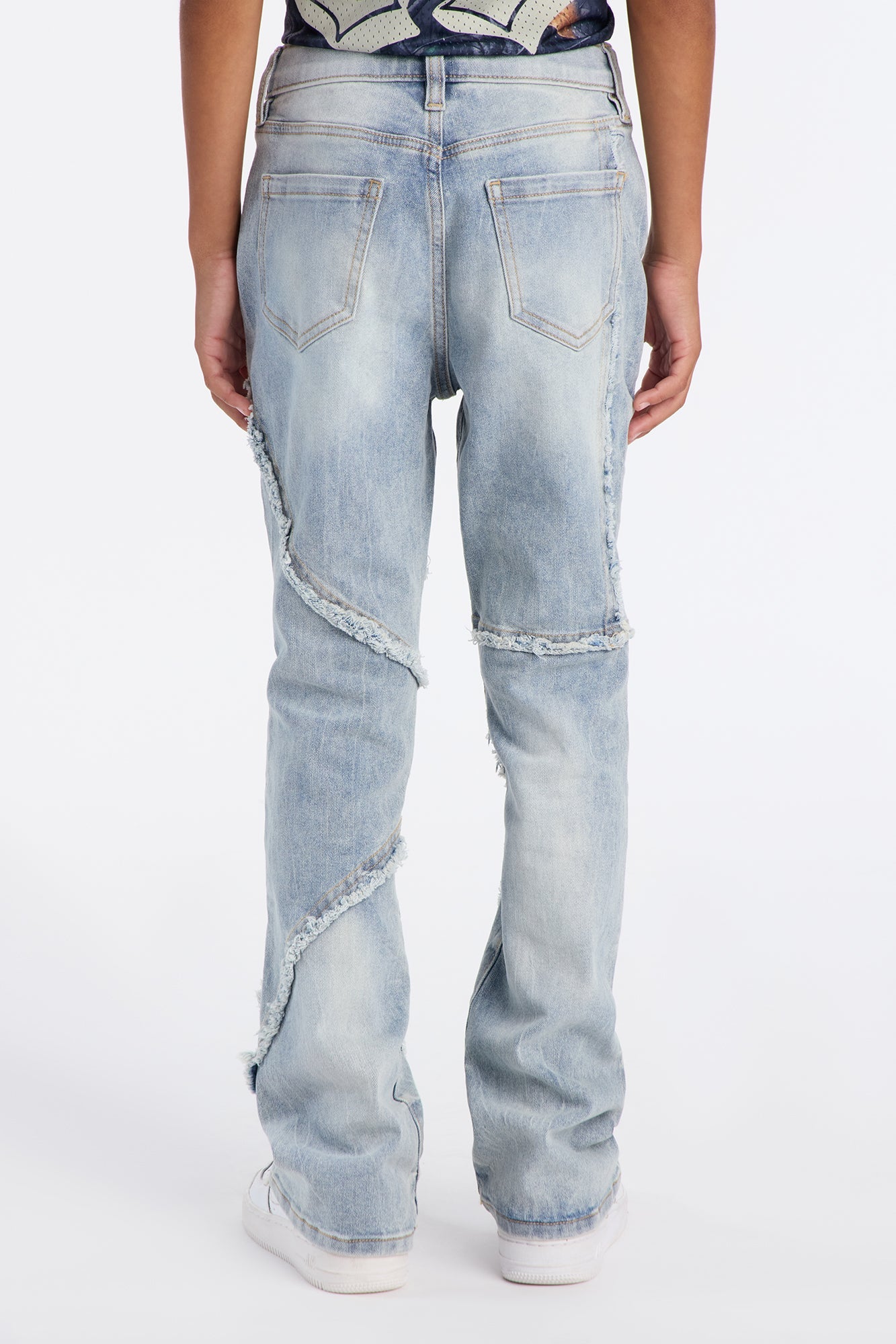 Mini Stacked Skinny Flare Frayed Lines Jean - Light Blue Wash