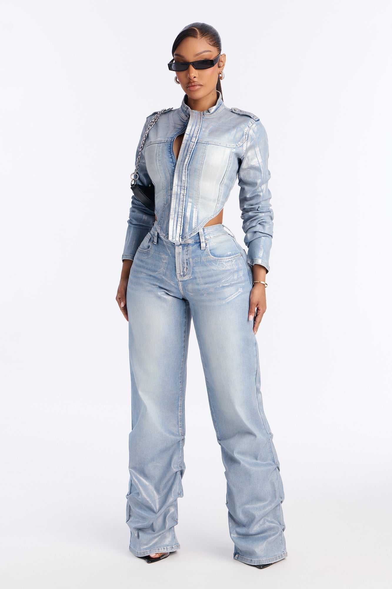 Frenchie Foil Stacked Slim Jeans - Light Wash