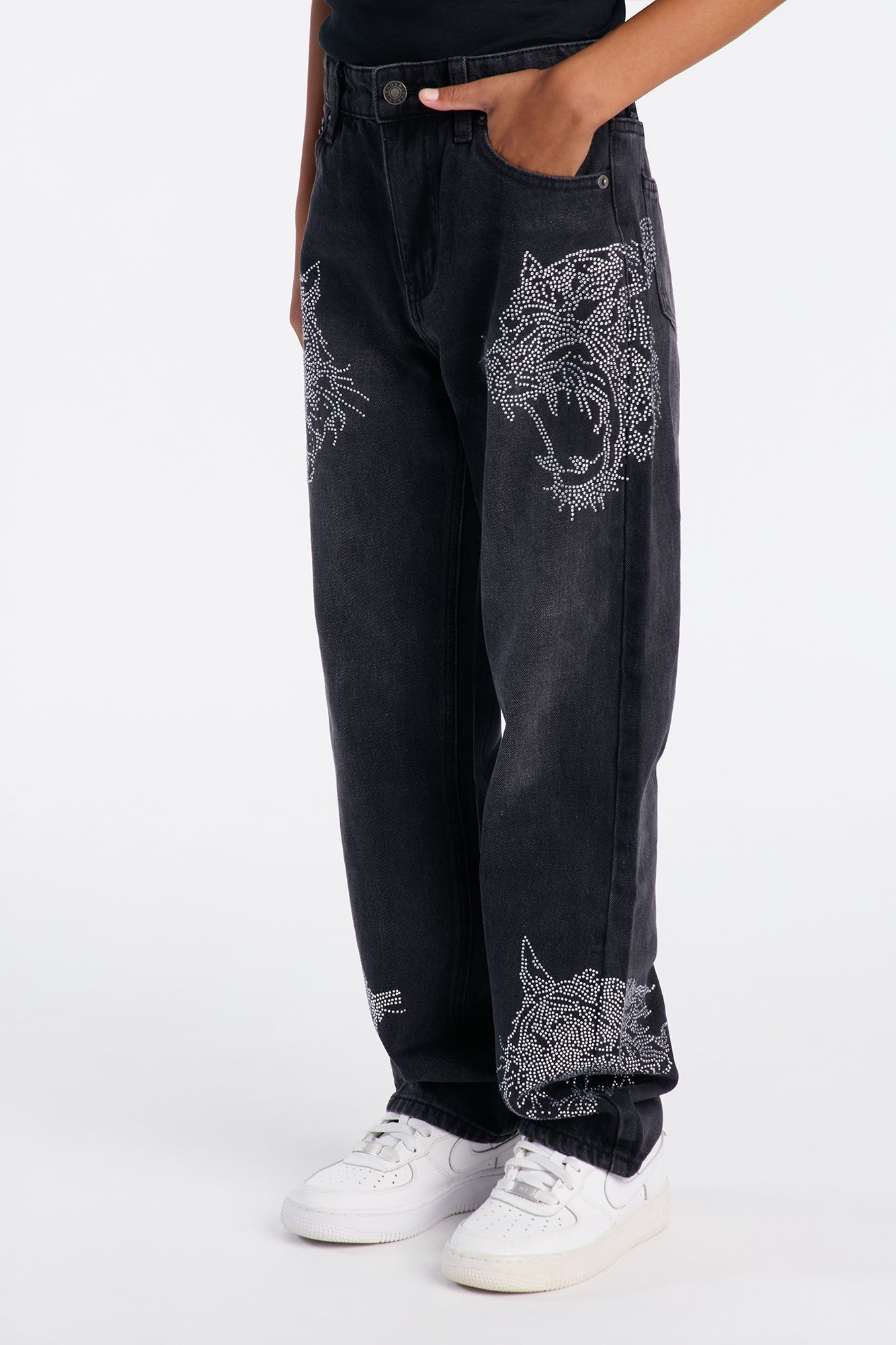 Mini Baggy Tiger Rhinestone Jean - Black Wash
