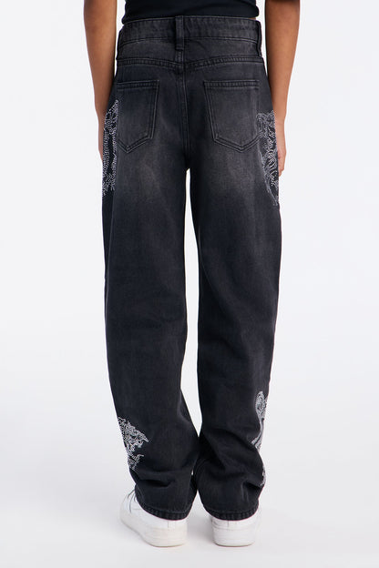 Mini Baggy Tiger Rhinestone Jean - Black Wash