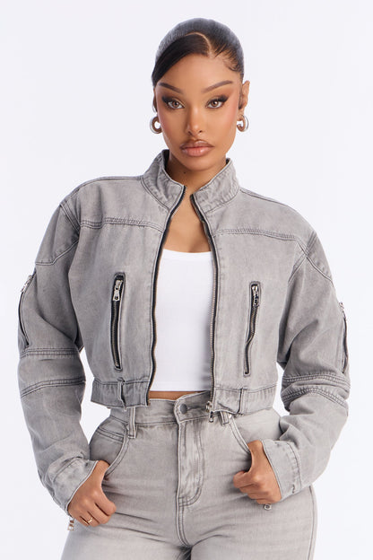 Lone Rider Cropped Moto Jacket - Grey